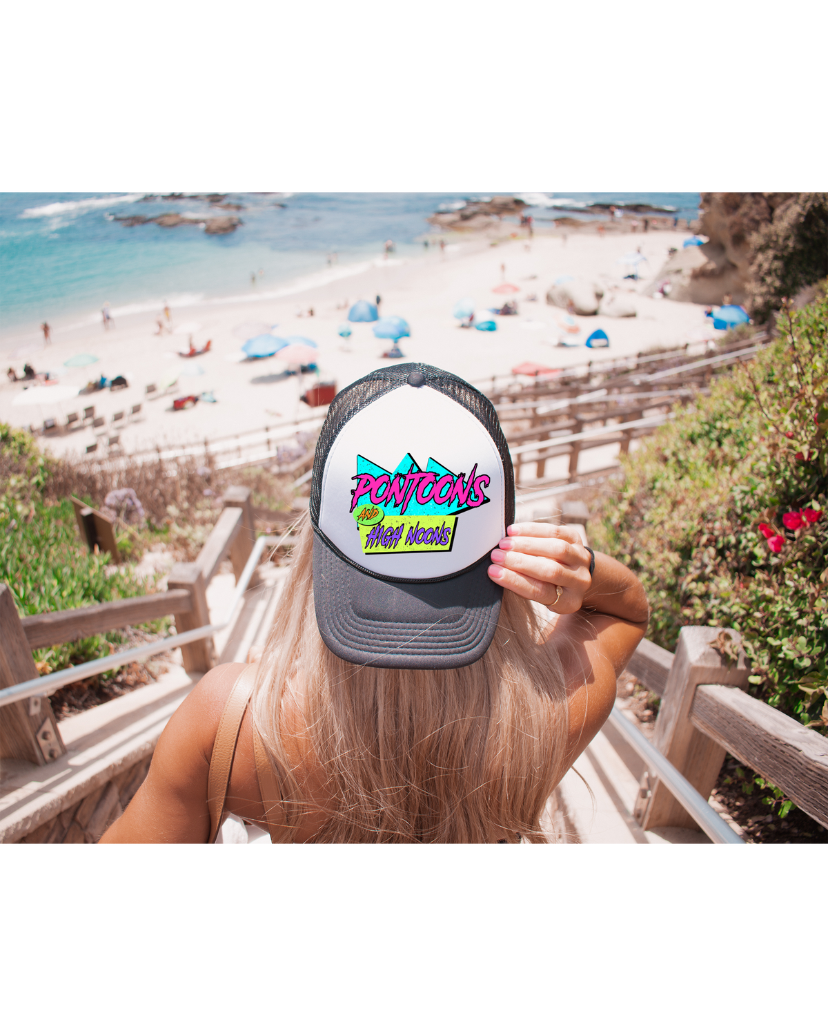 PONTOONS & HIGH NOONS Blue Mesh Trucker Hat Pontoons and high noons – Dirty Blondes Apparel main image 2